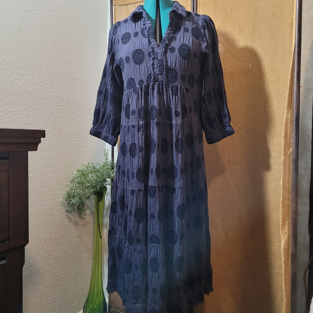 Umgee Blue Swiss Dot Midi Dress Ruffle, Collar 3/4 Sleeves Size Small